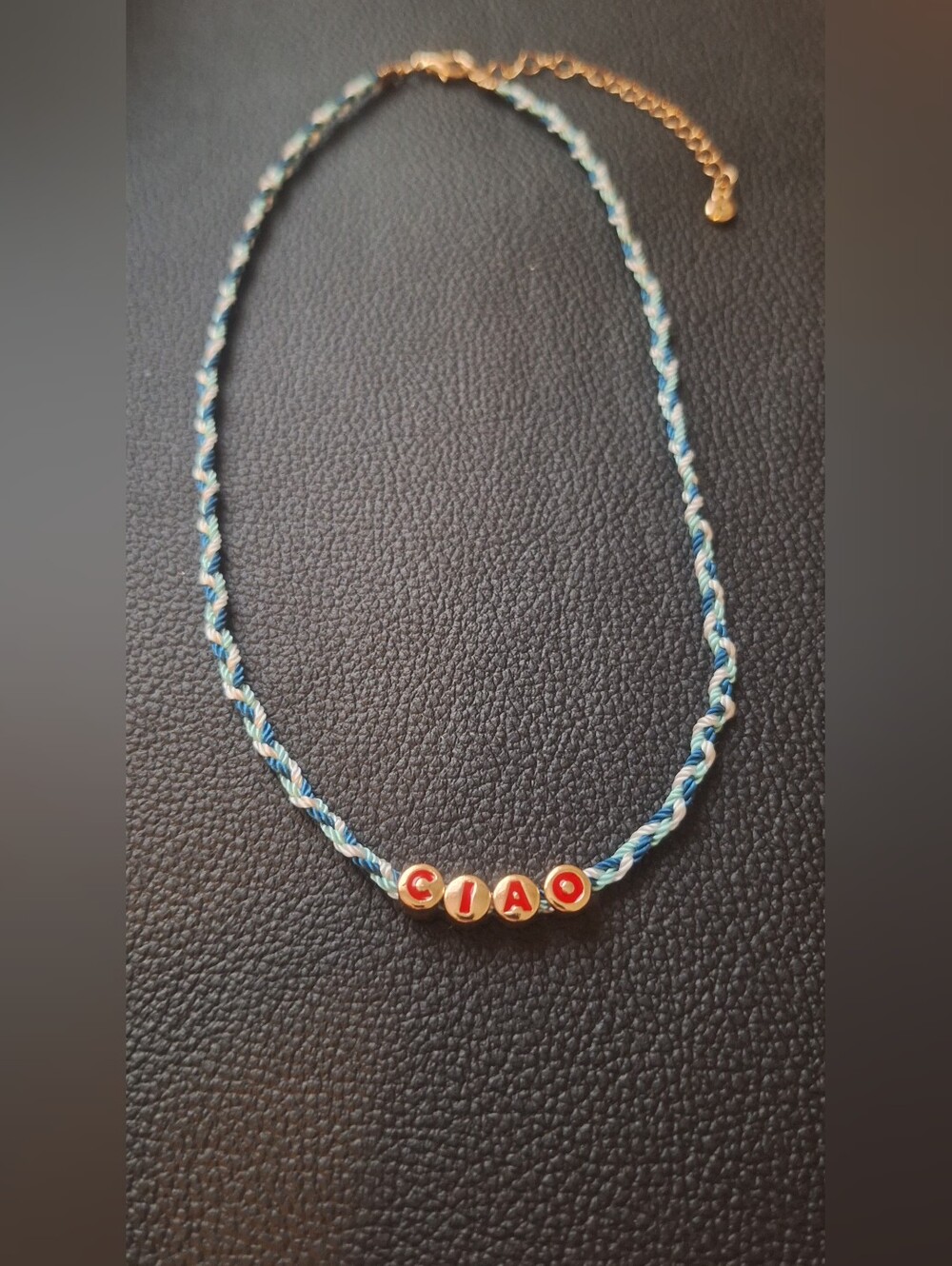 17"-20" Blue Braided Cord Necklace with Gold Red 'CIAO' Letter Beads